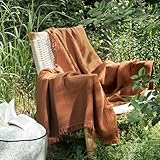 MooMee Musselin-Decke, 100 prozent Baumwolle, 4-lagige Gaze-Überwurfdecke mit umlaufenden Fransen, ultraweich, atmungsaktiv, leicht, kühlend, dekorativ für Bett, Sofa & Couch (Drak Orange, Überwurf, XL