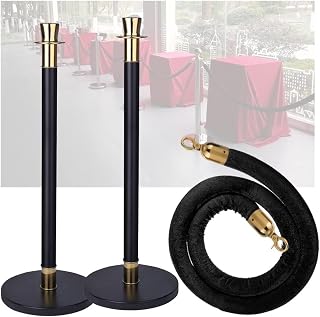 Set of 3 Crowd Control Stanchions with Velvet Rope - Black & Gold Barriers for Weddings Exhibitions Hotels and Malls - Premium Quality Line Up Posts