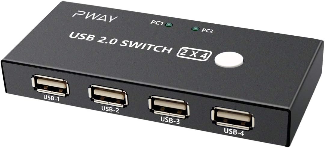 USB Switch Selector, USB 2.0 KVM Switcher Adapter, 2 Computers Sharing 4 USB Devices for Mouse, Keyboard, Scanner, Printer, One-Button Switch, with USB Cables