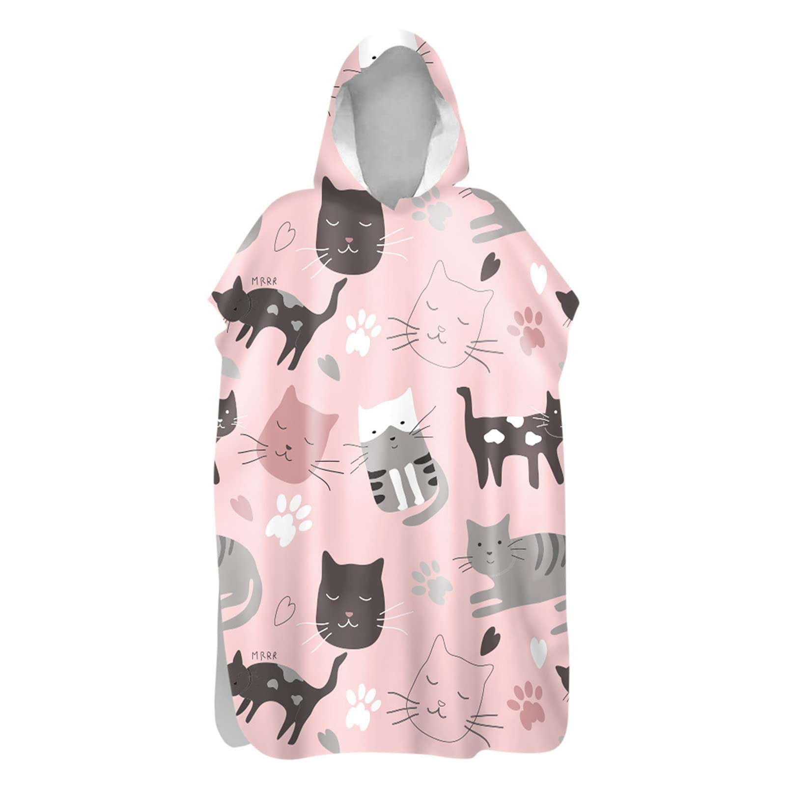 Chickwin Changing Dry Robe Towel Poncho for Adult Kid, Cat Printed Poncho with Hooded Swim Beach Towel Microfibre Beach Surfing Swimming Robe (Pink cat,75x145cm)