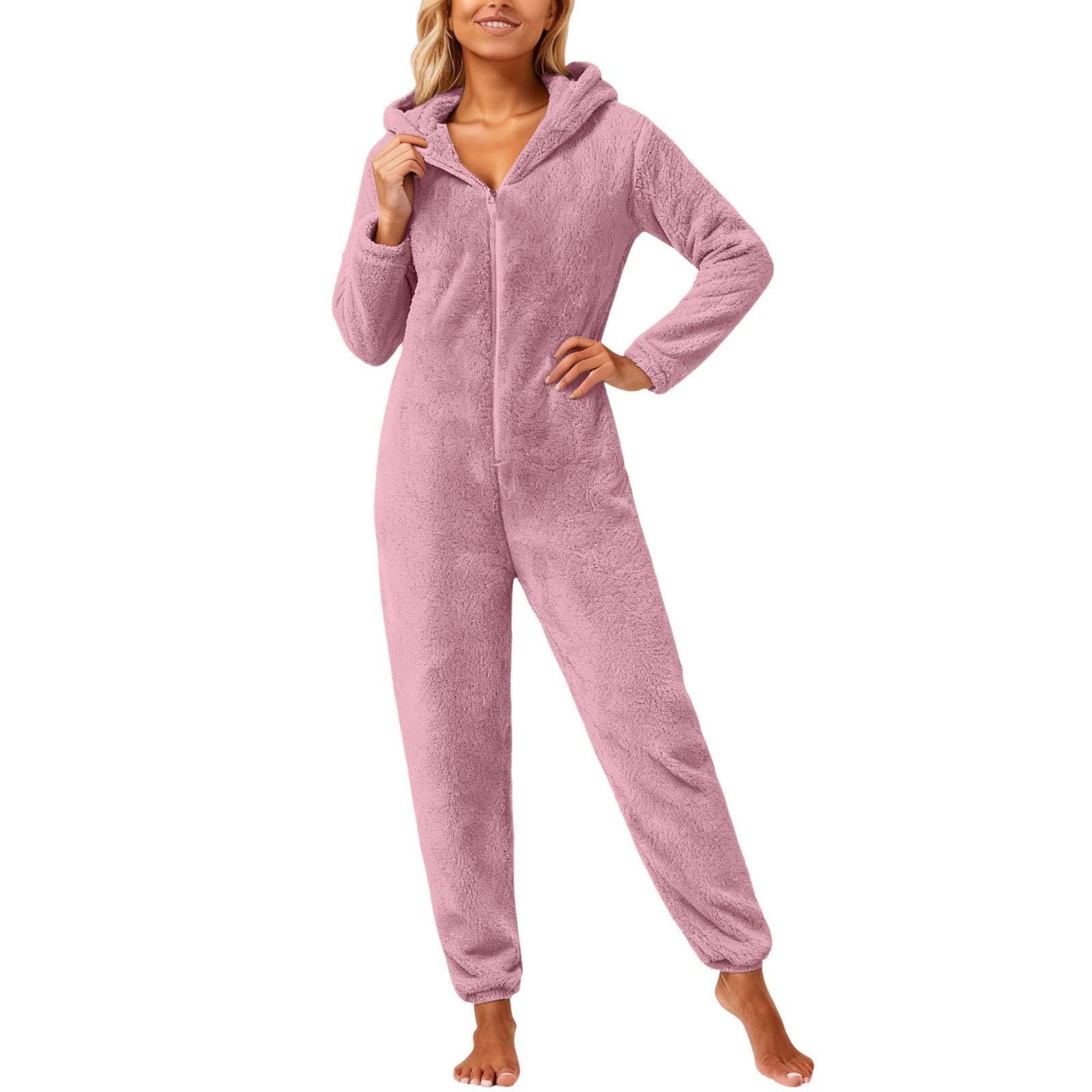 Générique Pyjama à Capuche Manches Longues Fermeture éclair Femme Doux Automne Hiver Maison Confortable