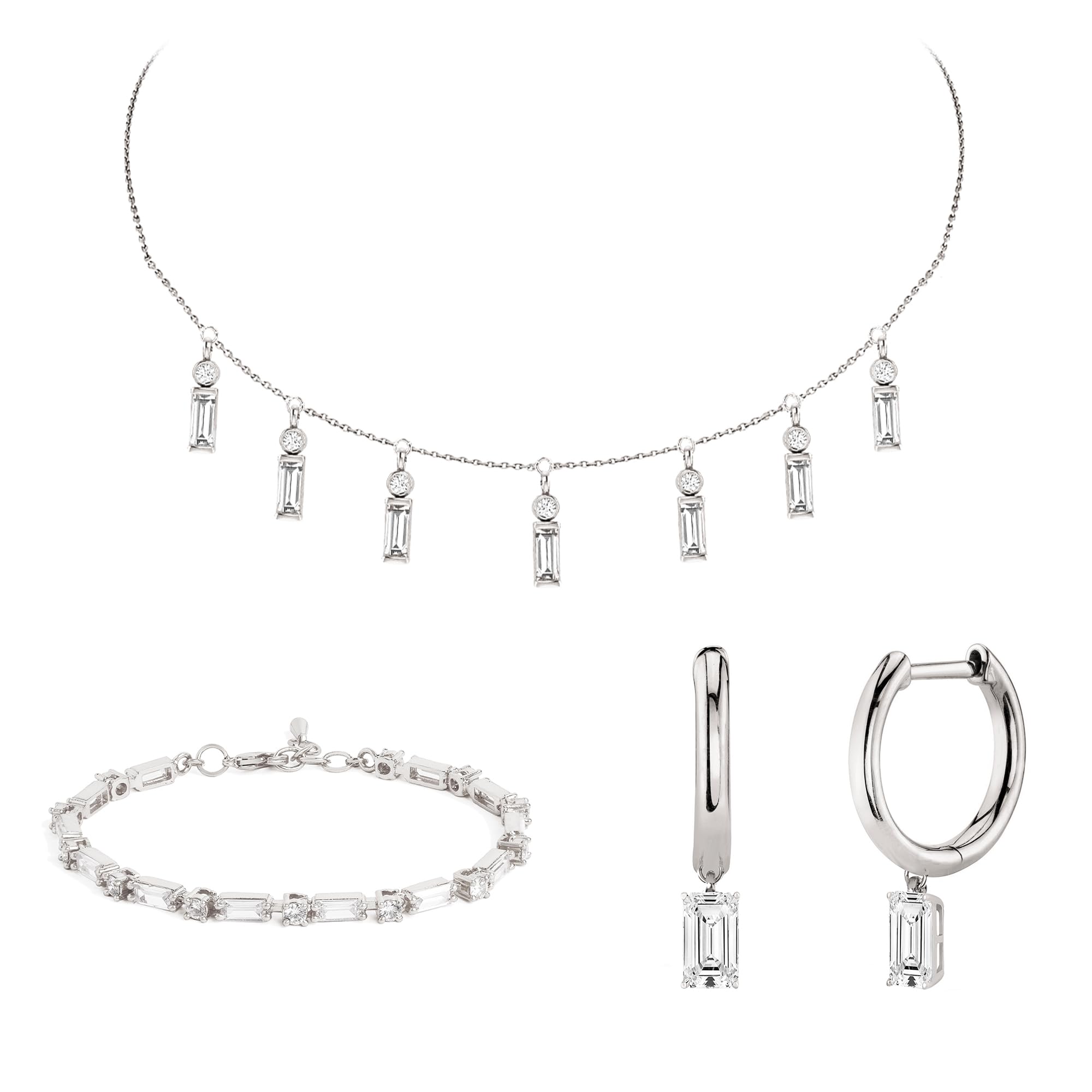 MINUTIAE Dangling White Gold Plated Emerald Baguette Diamond Jewellery Set One Earring Braclet And Necklace Choker Set Fashion Jewellery For Women And Girls (B0CYR4W1H5) Amazon Price History, Amazon Price Tracker