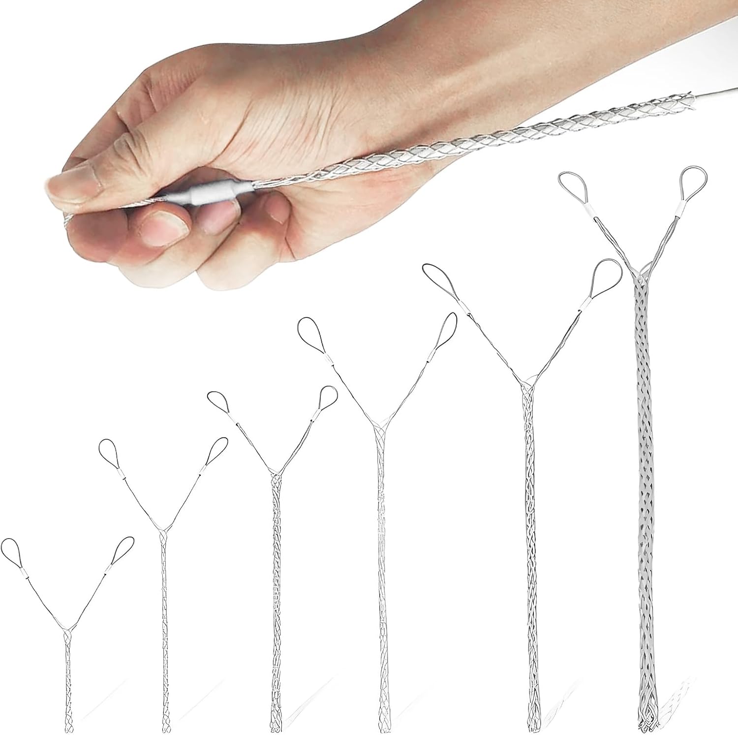 6-Piece Wire Pulling Grip Set (Double Eye), 4–25mm Stainless Steel Cable Mesh Pulling Socks for Conduit, Electrical Wire Puller Tool Kit