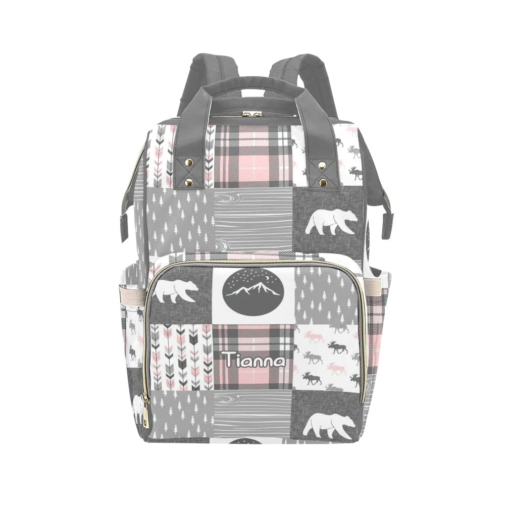 XOZOTY Woodland Bear Reindeer Plaid Diaper Bags with Name Waterproof Mummy Backpack Nappy Nursing Baby Bags Gifts Tote Bag for Women