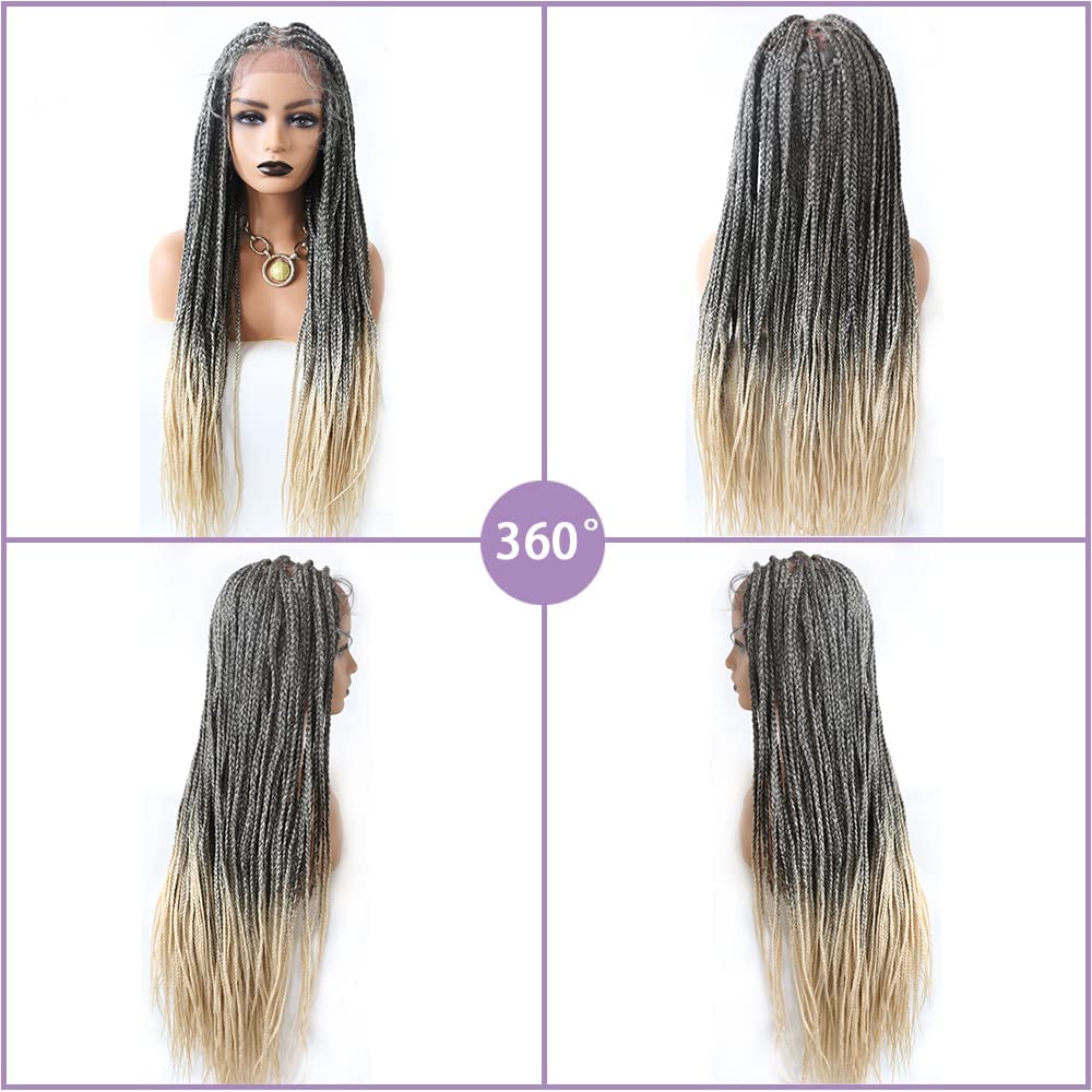33" Box Braid Wigs With Natural Baby Hair Micro Twist Cornrow Braids For Afican American Women Swiss Lace Front Hand Braided Lightweight Synthetic Wigs (#1B/613T Black Blonde Ombre)