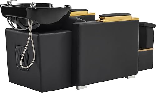 Miniatura 7 de BarberPub Silla de estación de champú de lavado a espalda con cuenco de cerámica de porcelana para lavar el cabello, rompe al vacío, silla