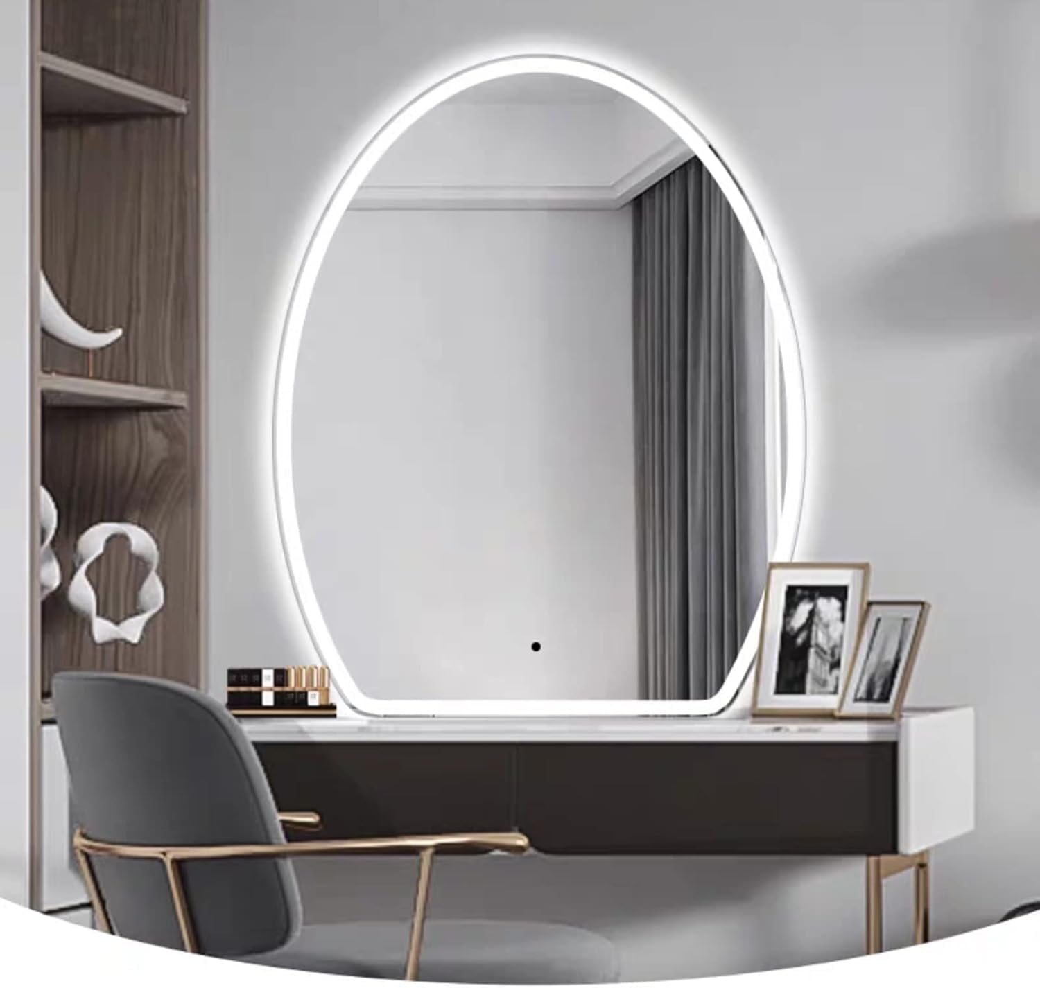 Miroir de maquillage LED ovale irrégulier 70x84cm bouton réglable blanc froid