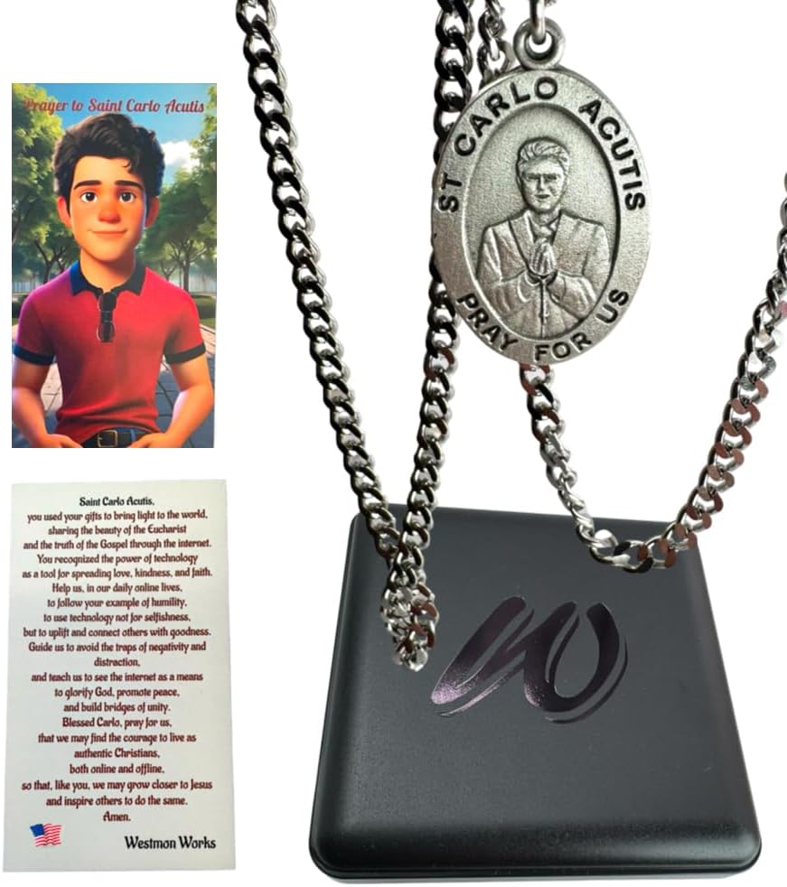 Westmon Works St Carlo Acutis Pewter Medal and Stainless Steel Necklace Set with Patron Saint of the Internet Prayer Card - Image 5