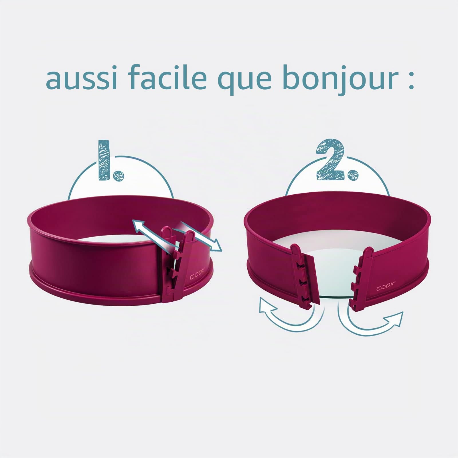 coox Moule à charnière avec fond en verre de 26 cm de diamètre, rouge foncé, cuire et servir et couper directement sur la plaque en verre, pas besoin de repositionner