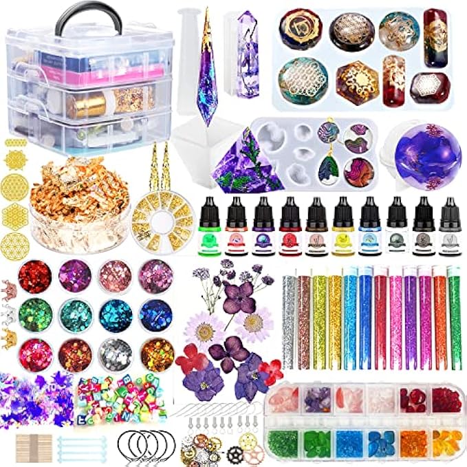 Beginner Resin Mold Kit - 125 Pieces Contains Resin Orgone Chakra Pyramid Mold, Earring Necklace Mold, Colorful Resin Inks, Resin Glitter, Gold Leaf, Dried Flowers and Crystal Stones for Epoxy Resin C
