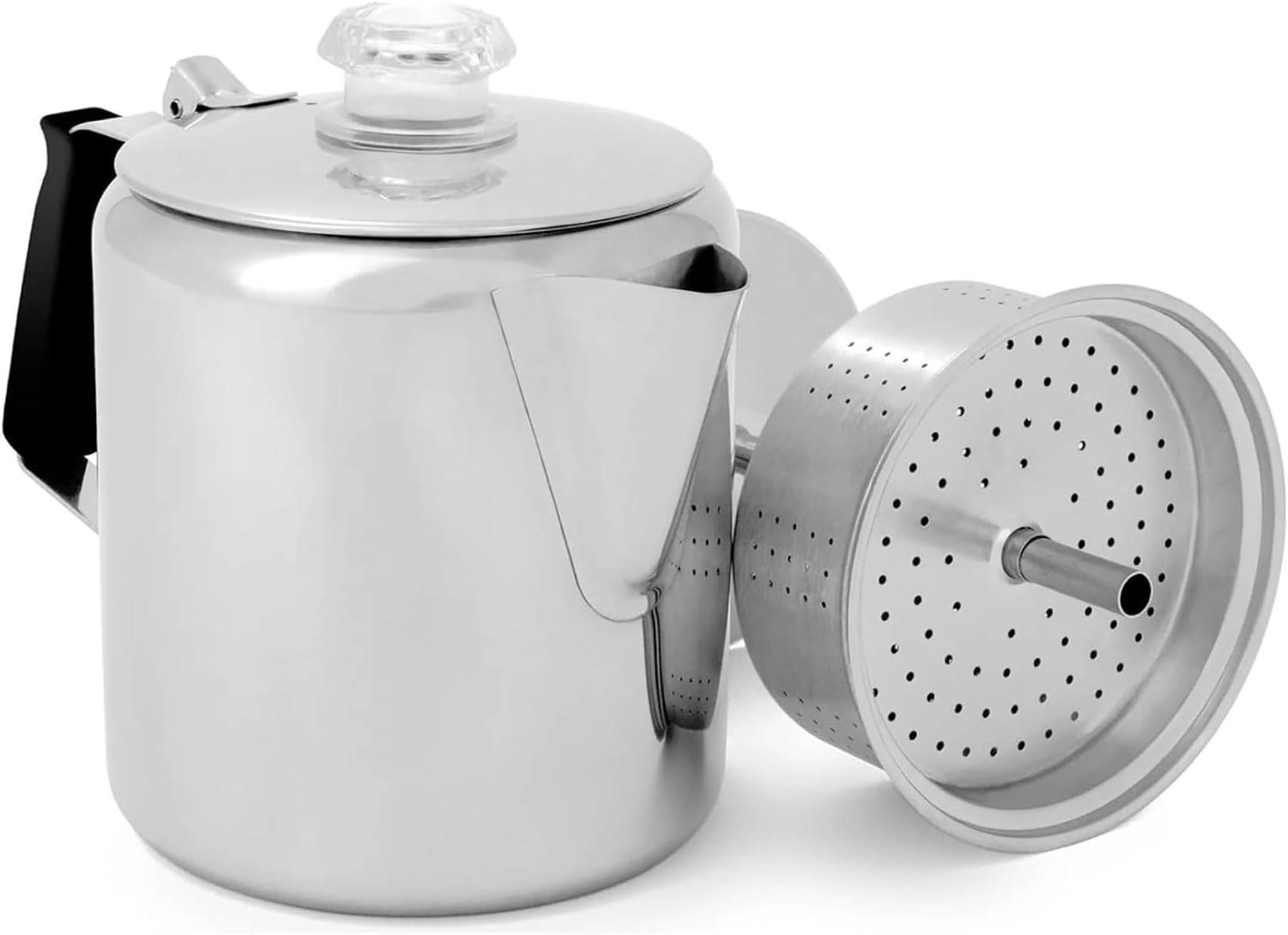 GSI Outdoors Percolator Coffee Pot I Glacier Stainless Steel with Silicone Handle for Camping, Backpacking, Travel, RV & Hunting - Stove Safe