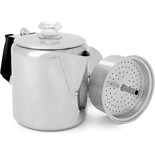 GSI Outdoors Percolator Coffee Pot I Glacier Stainless Steel with Silicone Handle for Camping, Backpacking, Travel, RV & Hunting - Stove Safe