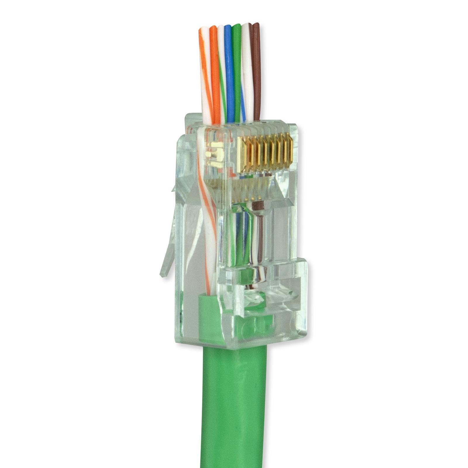 Simply45 Ungeschirmte RJ45-Modularstecker für 23 AWG Solid (Cat6 UTP), 26–24 AWG verseilt (Cat5e/6 UTP Litze), grüne Tönung, 100 Stück Glas – S45-1600