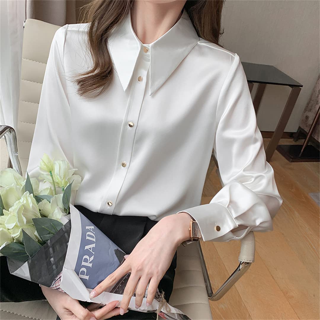 Chemise à Revers à Manches Longues pour Femmes Blouses en Satin Ample décontractées Femme Affaires Travail Chemise en Soie Formelle