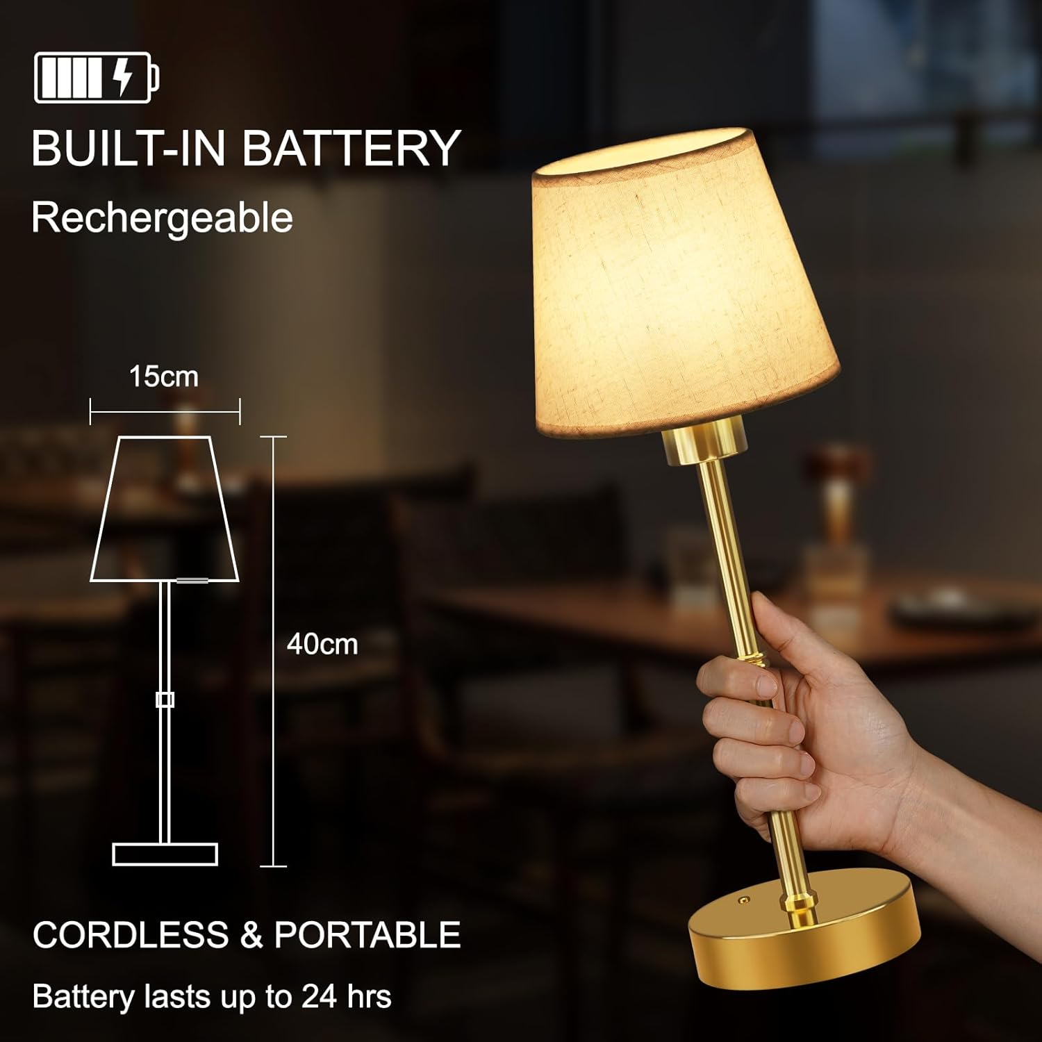 FRIDEKO HOME Rechargeable Table Lamp Gold - Cordless Battery Operated Lamp, Fabric Shade Desk Lamp, Wireless Lamp for Decor Bedroom Dining Table Counter (1pcs-Linen-Bulb Included-15.7in)