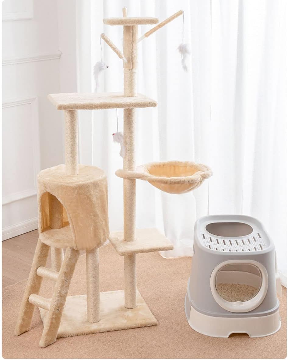 Multi -Layer Cat Tree Cat Tower with a Cat Apartment with Staircase Hanging Baskets and Plush Toys Tall Cat Climbing Racks for Entertainment Rest (Beige Stair)