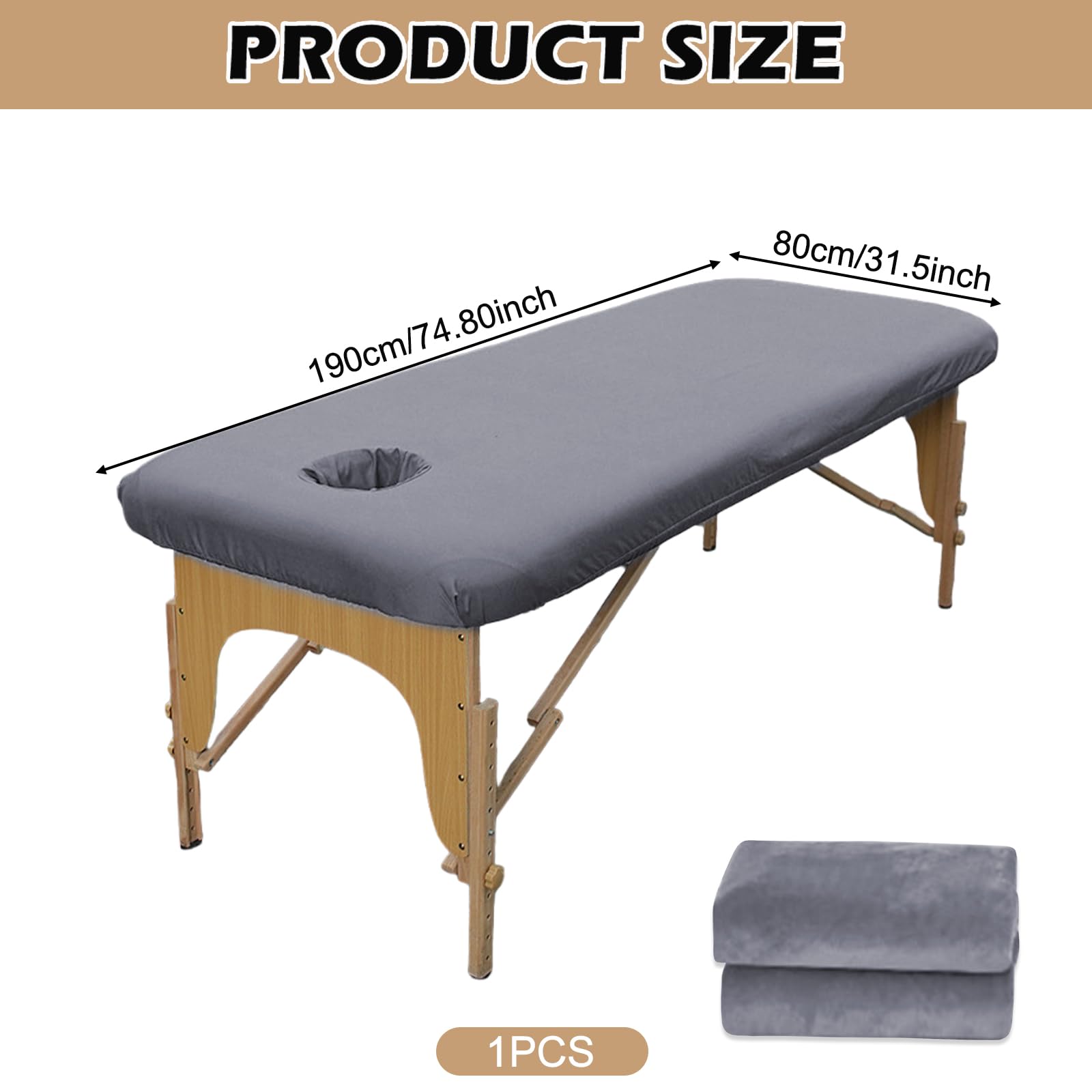 Funda elástica para camilla de masaje con agujero, 80 x 190 cm, terciopelo de cristal, funda gruesa lavable, suave, transpirable, adecuada para mesas de cosméticos y bancos de terapia, color gris