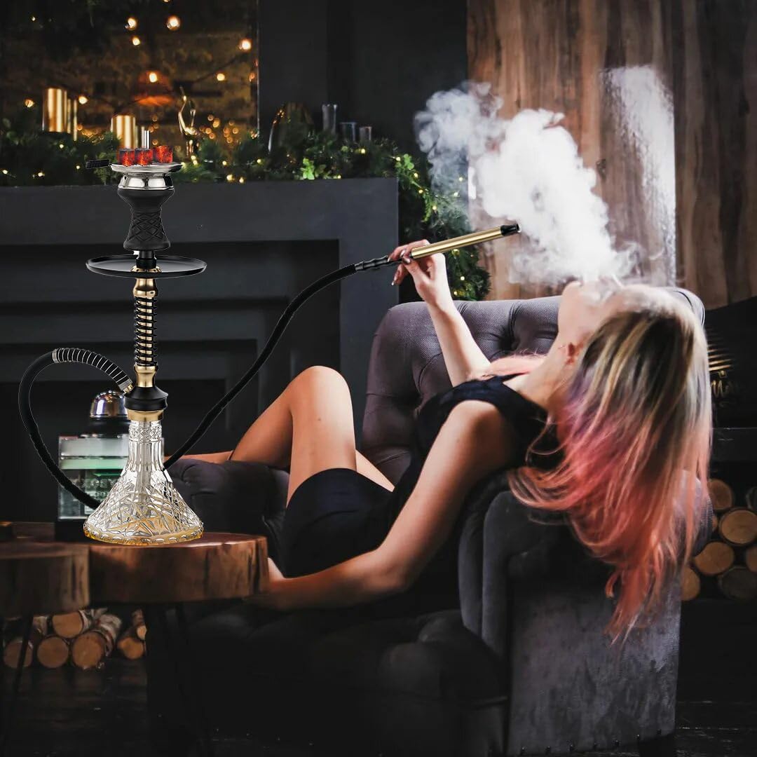 Hookah Set with Everything,20"Shisha Set with Glass Vase,Portable Glass Vase with Disposable Tips,Silicone hose,Ceramic Bowl.(Gold)