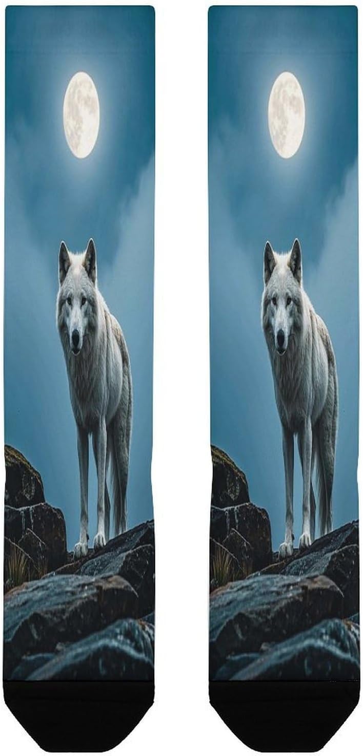 The White Wolf on The Rock Socks Casual Athletic Long Sock Lightweight Sport Crew Sock Cozy Work Boot Socks for Hiking Sports Running Workout Gym