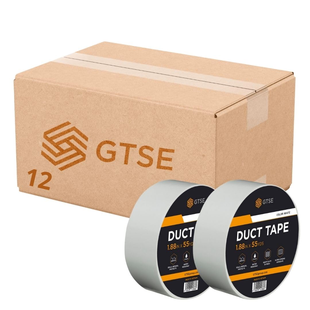 GTSE 12 Rolls White Duct Tape, 48mm x 50m, 2โ Waterproof Strong Adhesive Gaffer Tape for Patching, Sealing, Securing Cables and Labelling, Heavy Duty