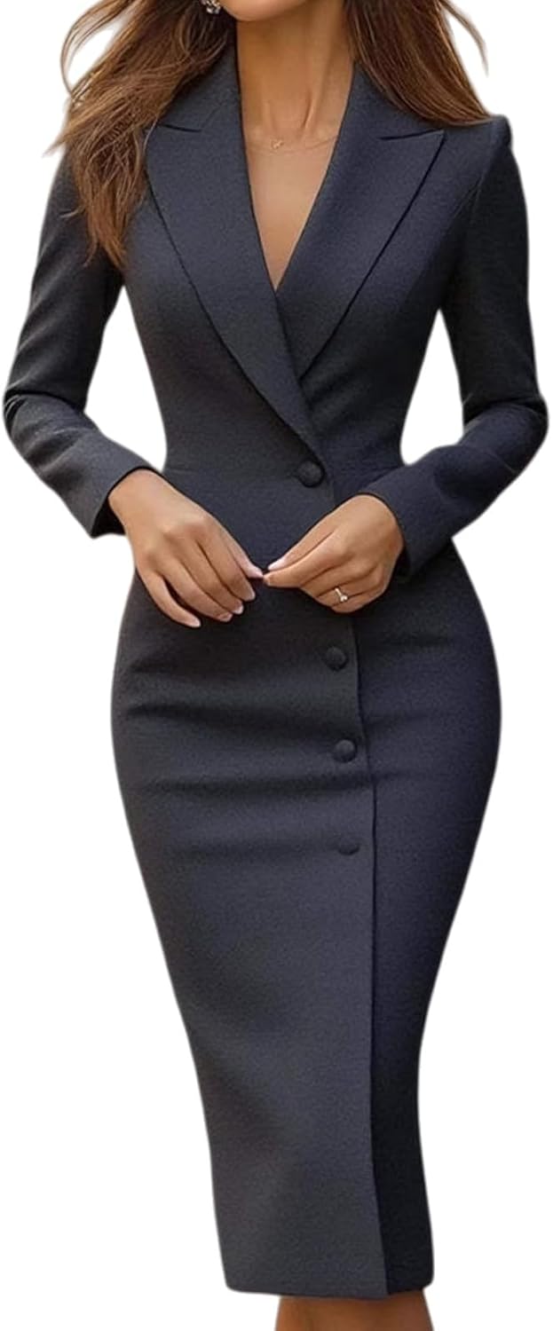 Women's Elegant Tailored Blazer Midi Dress, Solid Long Sleeve V Neck Formal Wear Fashion Single Breasted Business Dresses