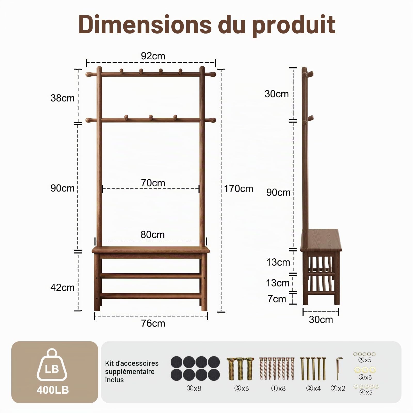 AQIMUELE Porte-Manteau avec Étagère à Chaussures, Meuble d’Entrée en Bois Massif avec Banc, 3-en-1, 11 Crochets Amovibles, Vestiaire, 30 x 80 x 170 cm, Noyer