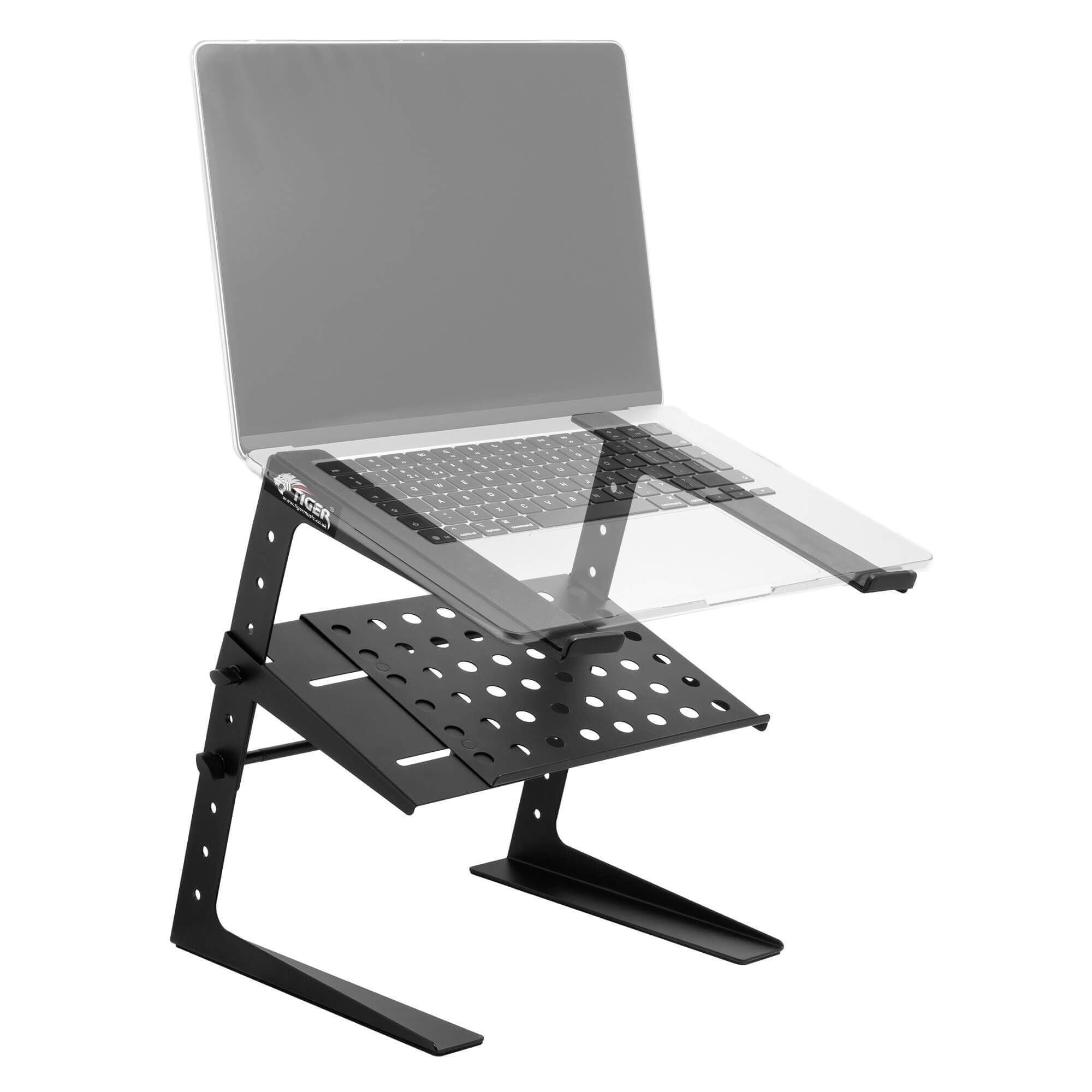Tiger Laptop DJ Stand with Adjustable Height (24–36 cm) and Width (24–29 cm), Table Top Metal Stand with Shelf, Foam Padded Base, Anti-Slip Soft Foam Padding, Tool-Free Assembly