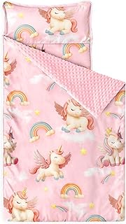 Wake In Cloud - Toddler Nap Mat with Pillow and Minky Fleece Blanket, for Kids Girls in Daycare Preschool Kindergarten, Roll Up Sleeping Bag, 3D Unicorn Rainbow Clouds, Pink, Standard