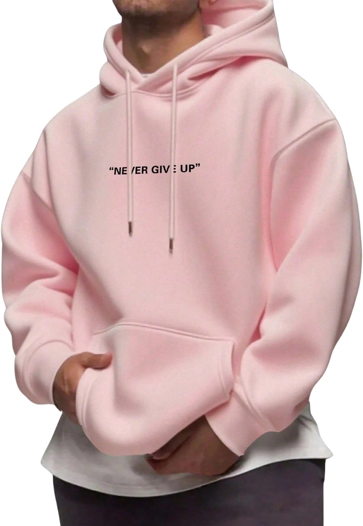 Never Give Up Printed Hoodie, Pullover Sweatshirt with Kangaroo Pocket, Grey Navy Pink