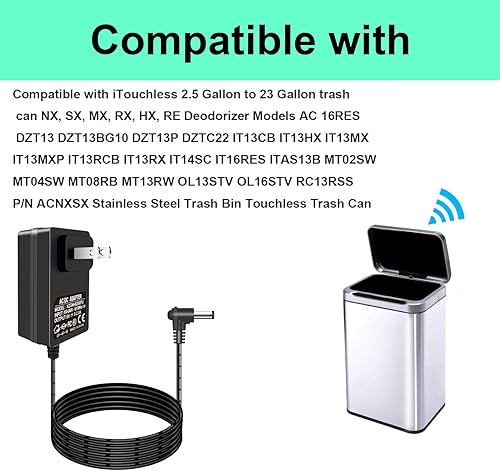 Miniatura 2 de Adaptador de corriente de CA CC de 6 V para botes de basura con sensor automático iTouchless de 2.5 a 23 galones, cable de alimentación de 8 pies de