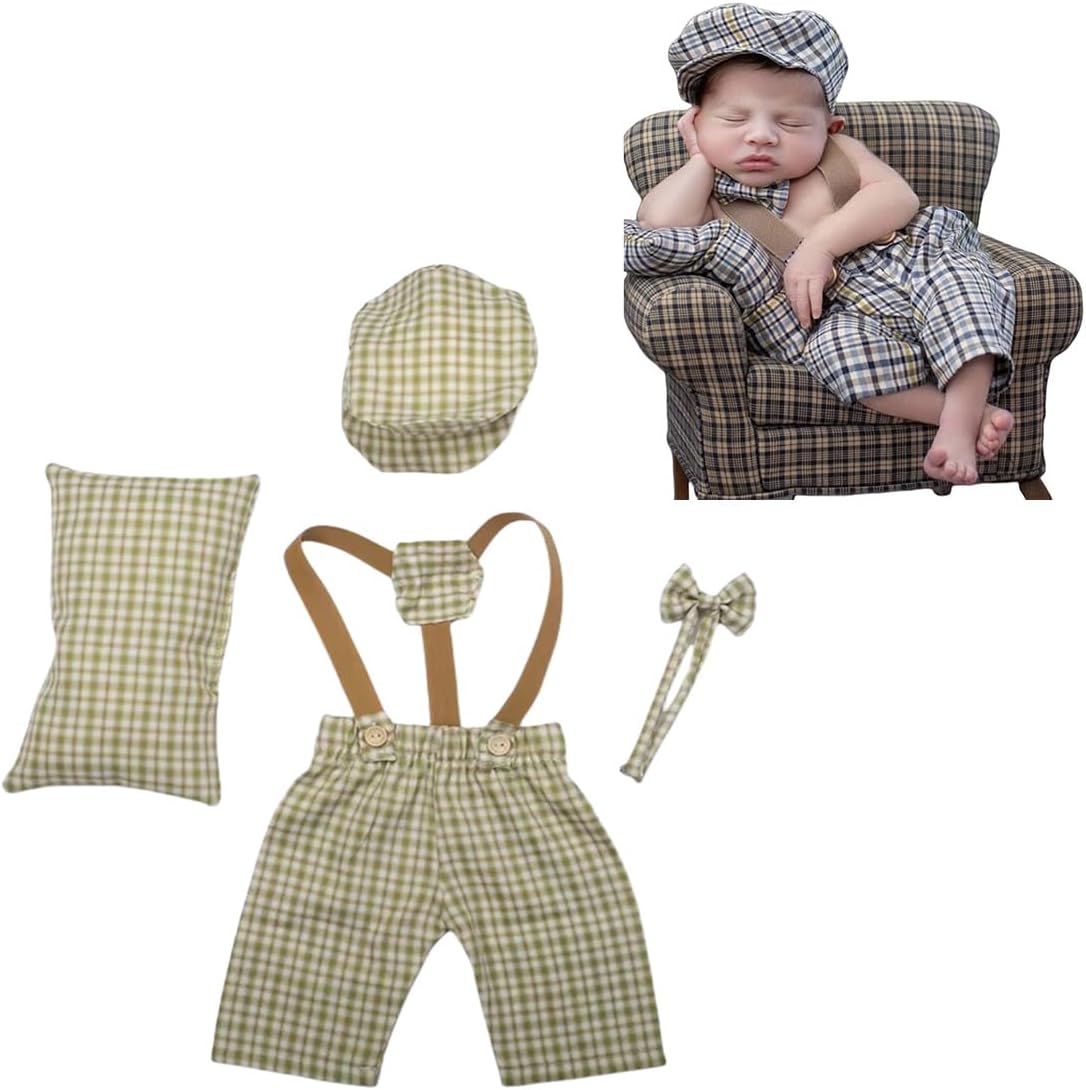 Newborn Photography Props Outfits Cute Overalls Hat Romper Bowtie Set Infant Baby Boy Girl Photoshoot Props Costume