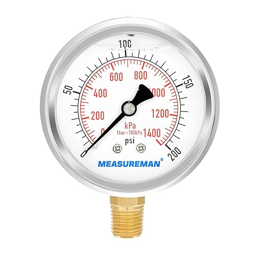 MEASUREMAN - Manómetro relleno de líquido, tamaño del dial de 2.5 pulgadas, 0 a 200 psikPa, caja de acero inoxidable 304, montaje inferior NPT de 14