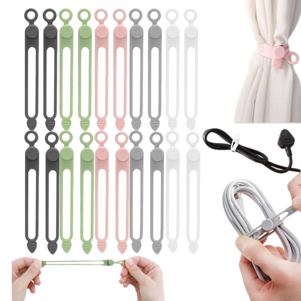 10/20/30 Pcs Silicone Cable Ties, Reusable Cable Management Organizer, 2025 Upgrade 5 Colors Cable Management Cord Organizer for Fastening Earphone