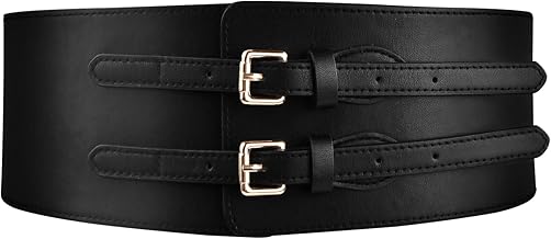 Wisebom Ceinture Élastique Femme Large en Cuir de 7.5cm, Cinch Corset à Double Boucle, Stretch Vintage pour Robe Chemise Manteaux