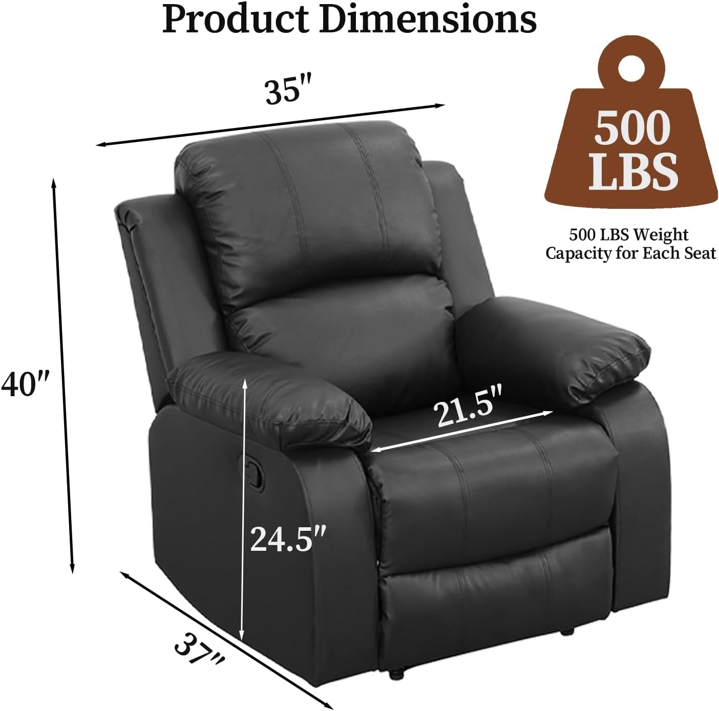 Living Room Furniture Sets, Sectional Leather Sofa Set, Adjustable Recliner Chair with Manual Button for Living Room/RV/Office (Chair, Black Leather)