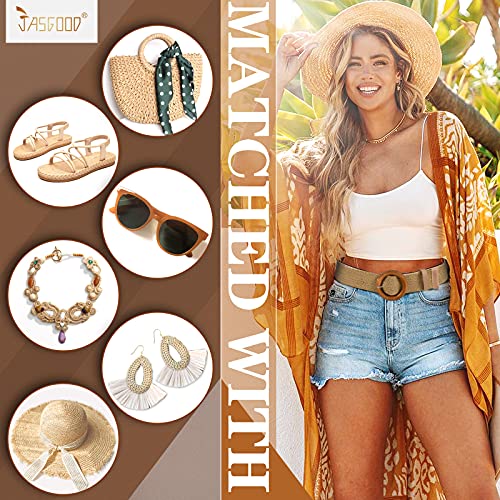 Jasgood Set Of 4 Women Skinny Elastic Dress Belt, Straw Woven Stretchy Waistband Fashion Wooden Style Buckle (Black+Beige+Stripe+Khaki,Waist Size Below 35 Inch) #TOP2