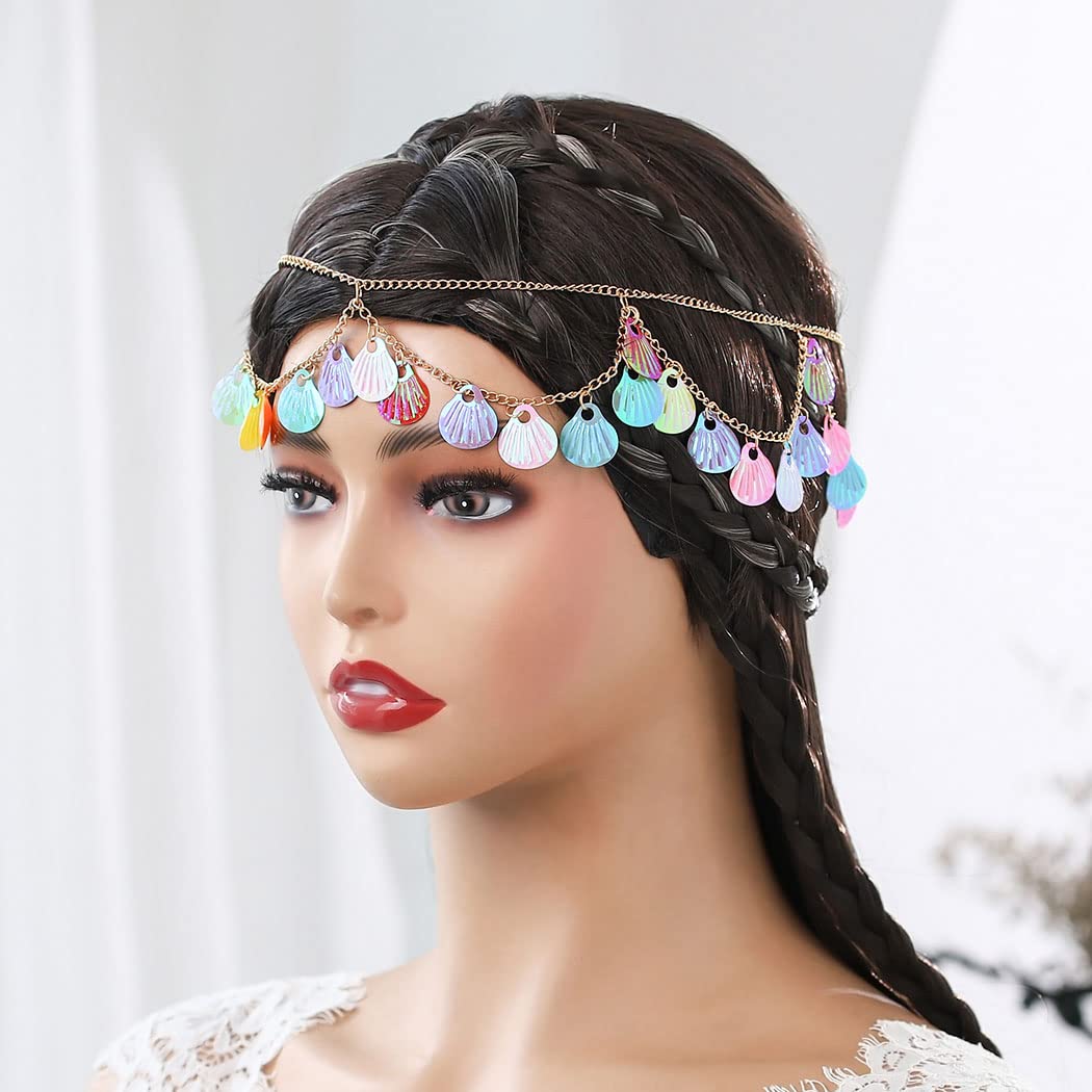 IYOU Boho Shell Head Chain Gold Sequin Tassel Headpiece Cosplay Layered Carnival Halloween Hair Pieces Accessories for Women - Image 3