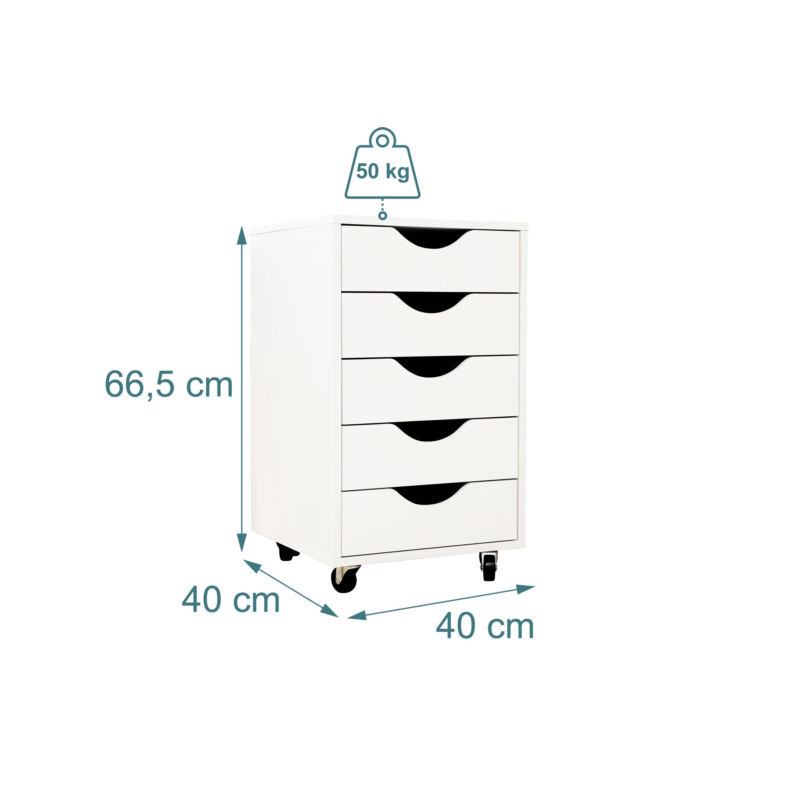 Relaxdays Cajonera con Ruedas 5 cajones, archivador para Escritorio, Blanco, 66,5x40x40 cm