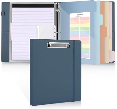 SKYDUE 3 Ring Binder with Clipboard, 13.2" 10.2" Faux Leather 1 Inch Binder Organizer with 5 Pocket Dividers, Notepad, Labels & 2 Storage Pockets for Teachers, Students, Nurses & Office Work