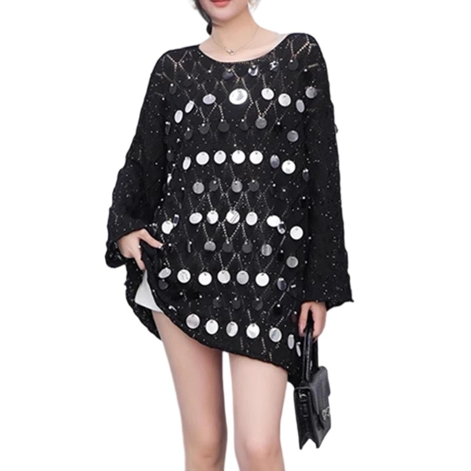 Damski oversizowy sweter brokatowy cekinowy Hollow Out z długim rękawem luźna dzianinowa koszula sweter Top