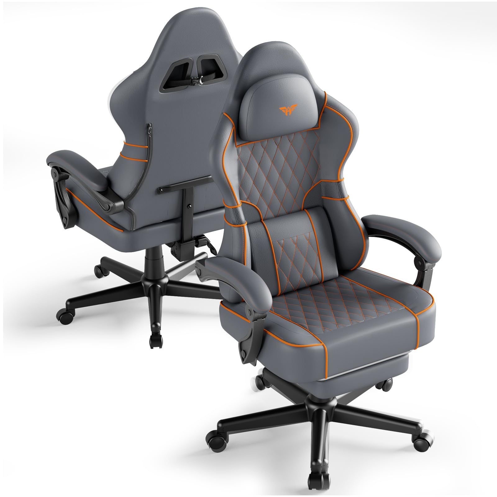 Ferghana Ergonomic Gaming Chair with Massager, Breathable PU Leather Gamer Chair, Massage Lumbar Support, Headrest, Footrest, Office Chair, PC Ergonomic Chair (Grey, PU Leather)