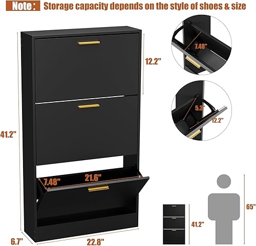 Miniatura 2 de JOZZBY Armario de zapatos con 3 cajones abatibles para entrada, negro, delgado, independiente, moderno, estrecho, organizador de zapatos, gabinete