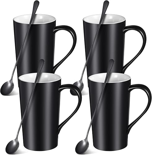 Tioncy 4 juegos de tazas de café grandes de 20 onzas con cuchara de té helado de mango largo de 9 pulgadas, tazas altas de color negro mate, taza de