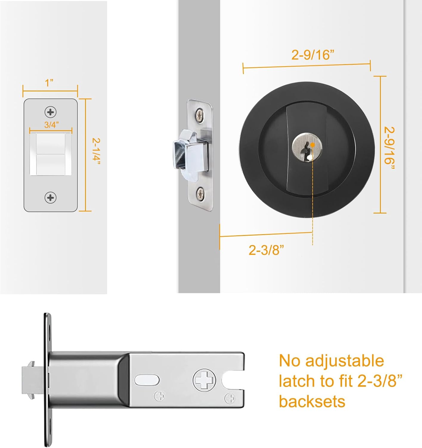 LWZH Matte Black Privacy Round Pocket Door Lock with Keys,Invisible Recessed Handle Latch,Pocket Door Hardware Lock for 1 3/8” to 2 31/32” Thickness Door