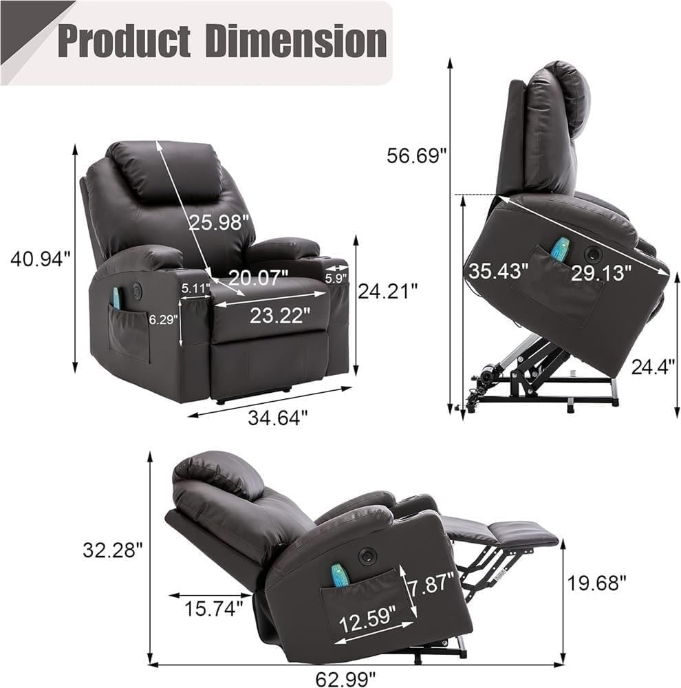 Oversized Power Reclining Single Sofa Electric Lift Recliner Chair with Hidden Footrest Breathable Leather Upholstery Chair for Tall Elderly People Home Use
