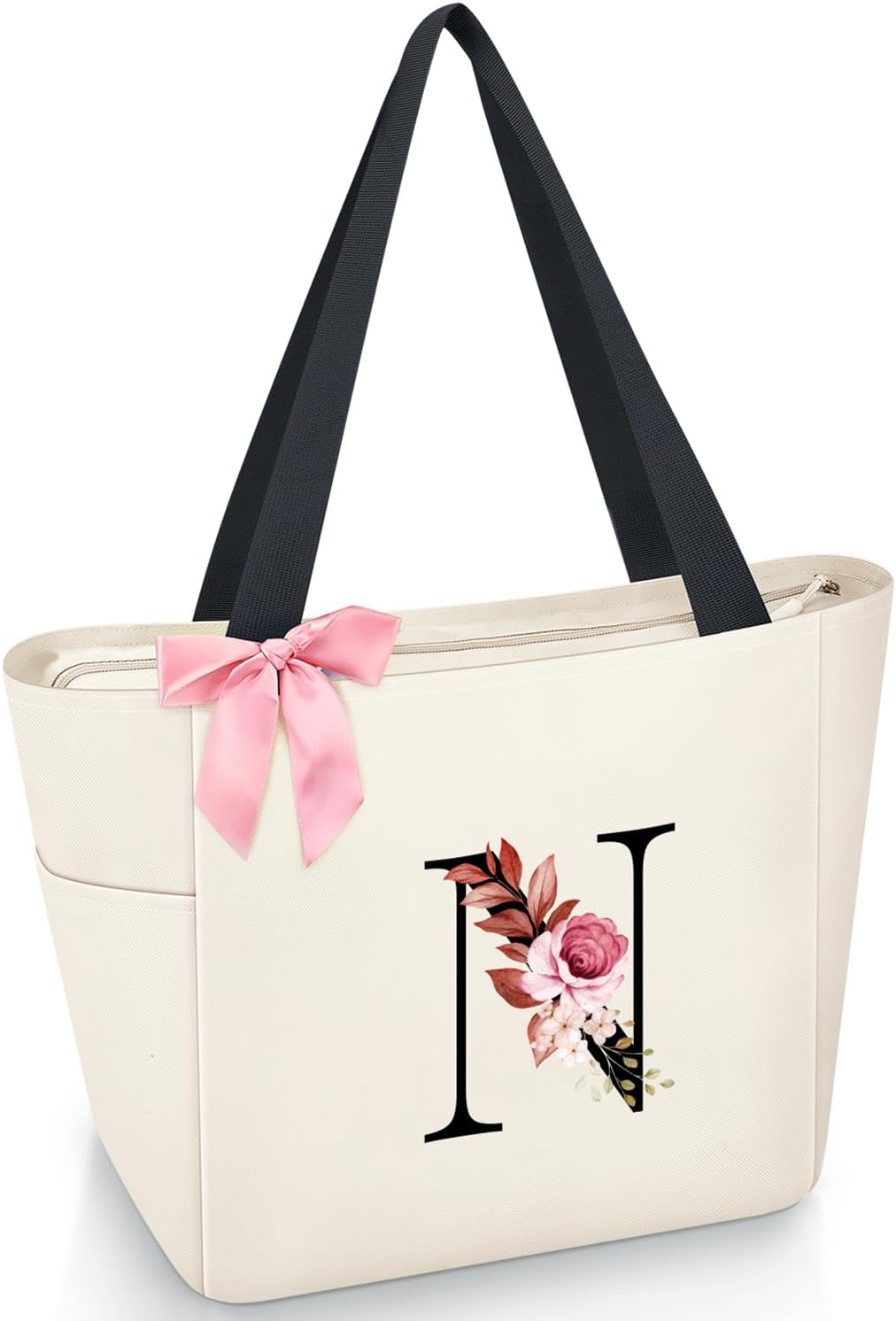 Vavabox Tote Bag, A-Z Initial Monogrammed Waterproof Tote Bag, Bridesmaid Gifts for Women, Black and Pink