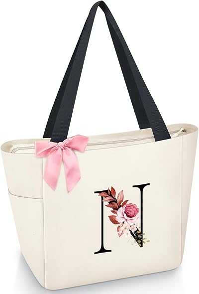 Vavabox Sac Cabas Personnalisé avec Initiale A-Z, Cadeau Imperméable pour Femmes, Demoiselles d'Honneur, Maman, Enseignantes, Amies (N, Blanc)