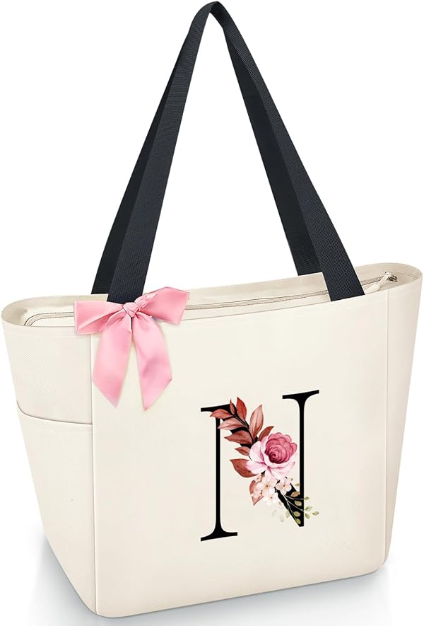 Vavabox Sac Cabas Personnalisé avec Initiale A-Z, Cadeau Imperméable pour Femmes, Demoiselles d'Honneur, Maman, Enseignantes, Amies (N, Blanc)