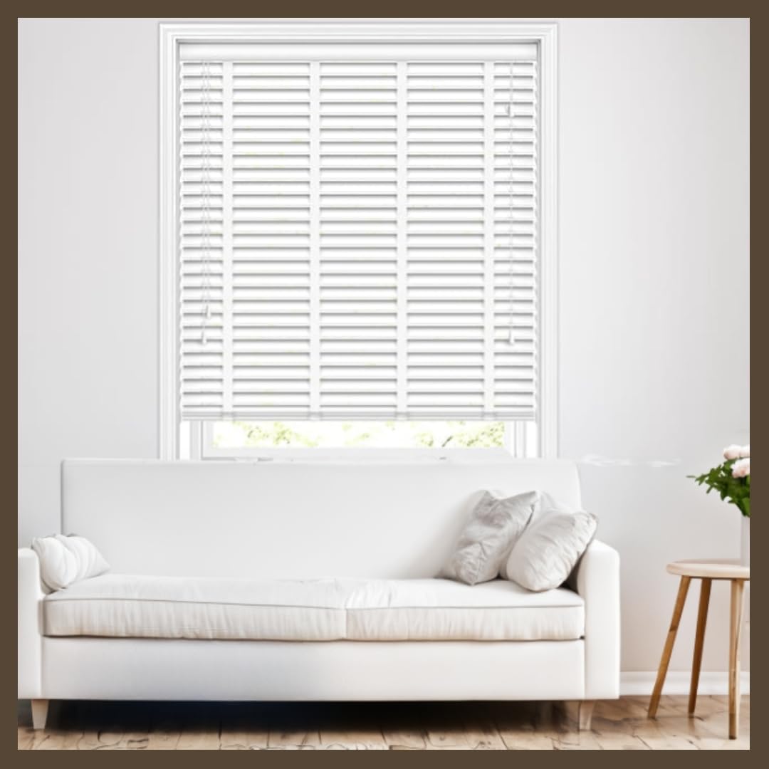 REHAN & CO Faux wood window Venetian Blinds 50mm Slats with String/Tape Blinds Aluminium Headrail Trimmable Child Safe Home Office Window Blind (White Tape - Image 2