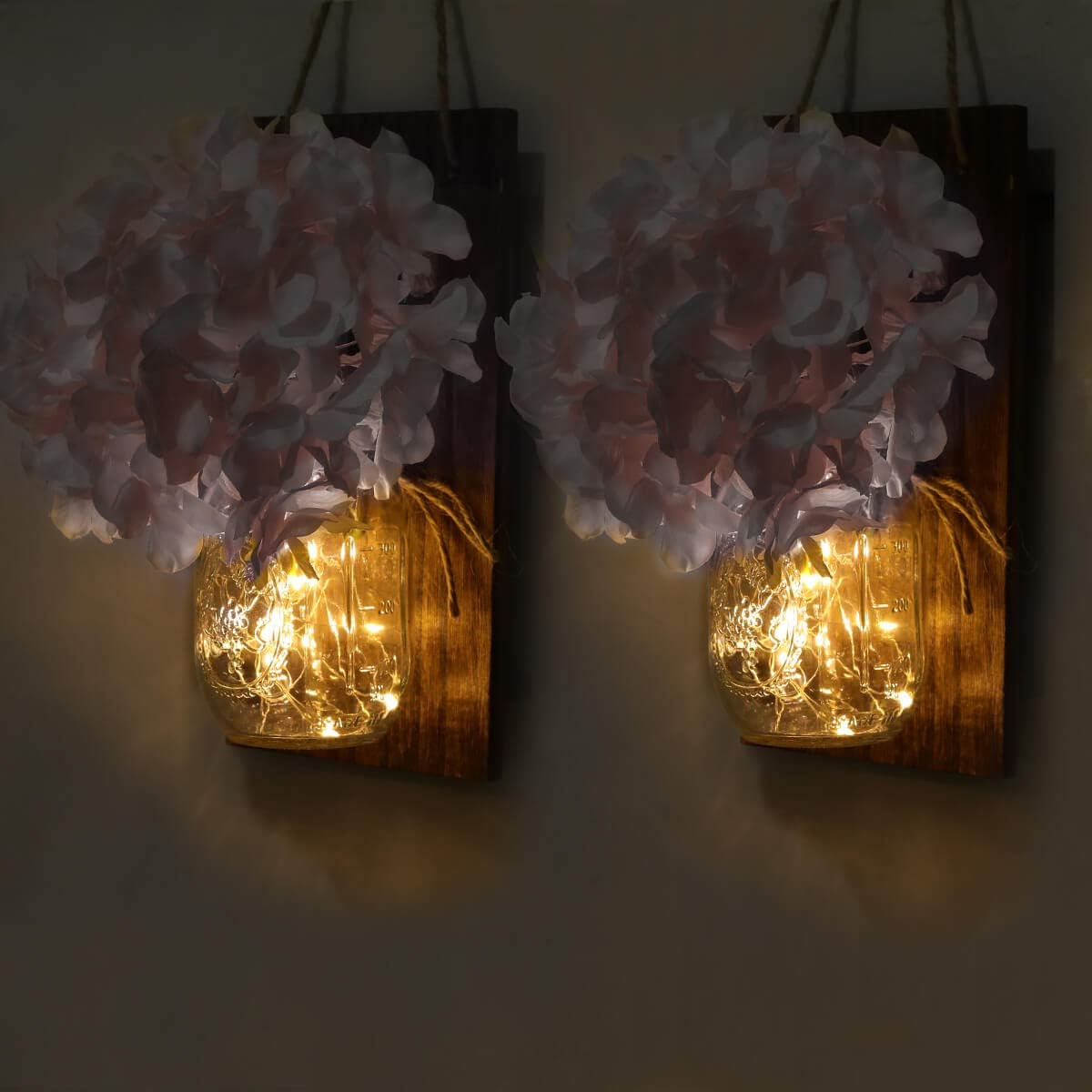 VIEFIN Mason Jar Sconces Farmhouse Wall Decor,Rustic Wall Sconces Home Decor with Remote Control, Silk Hydrangea,Brown Wood Board and LED Strip with 20 Fairy Lights(2 Pack, Pink)